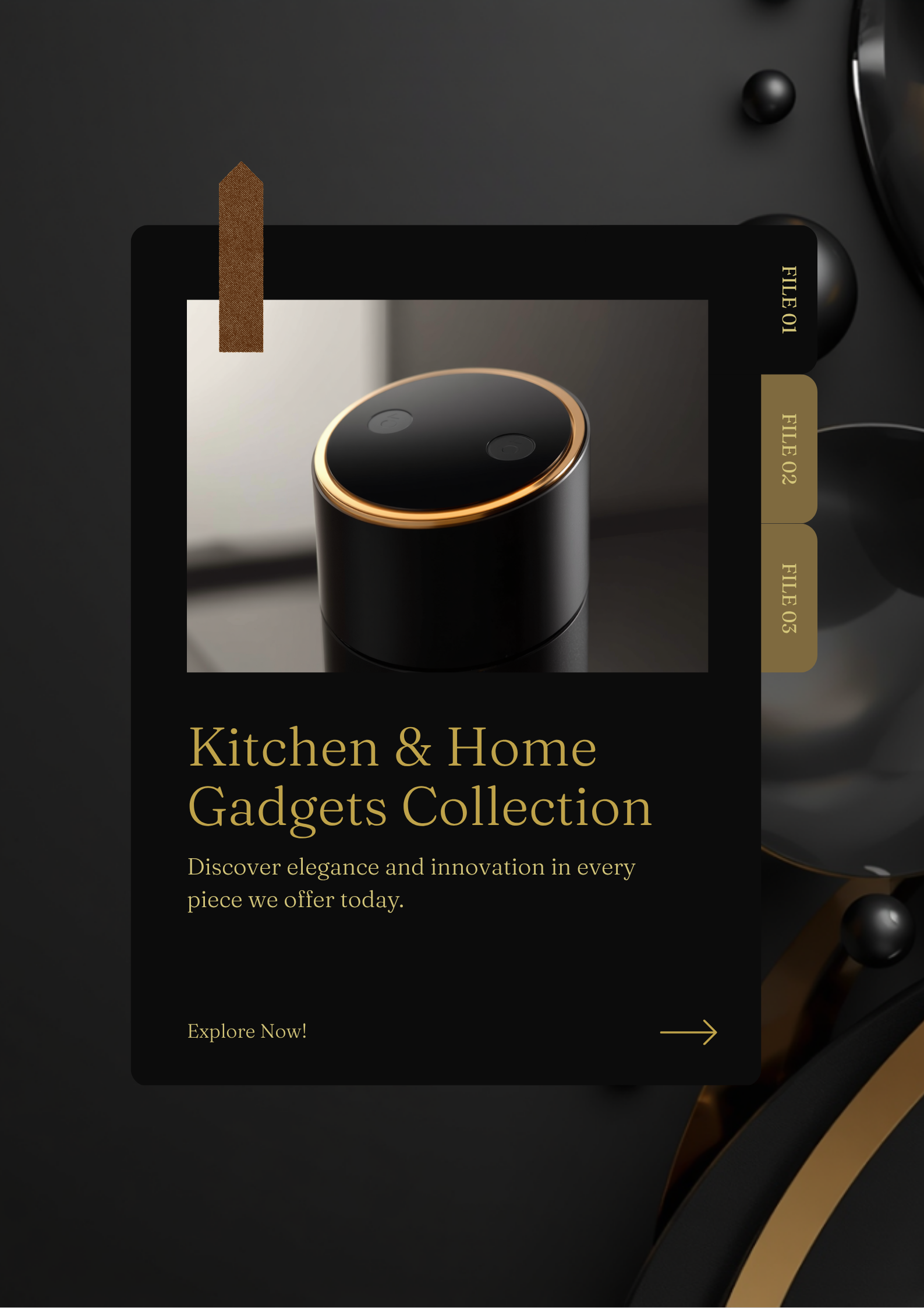 Kitchen & Home Gadgets collection banner, premium 3D black and gold abstract design