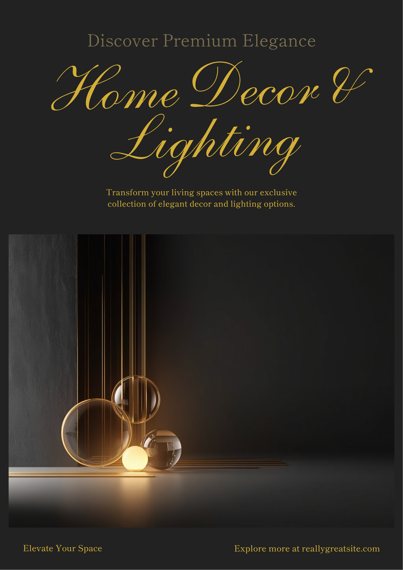 Home Decor & Lighting collection banner, premium 3D black and gold abstract design